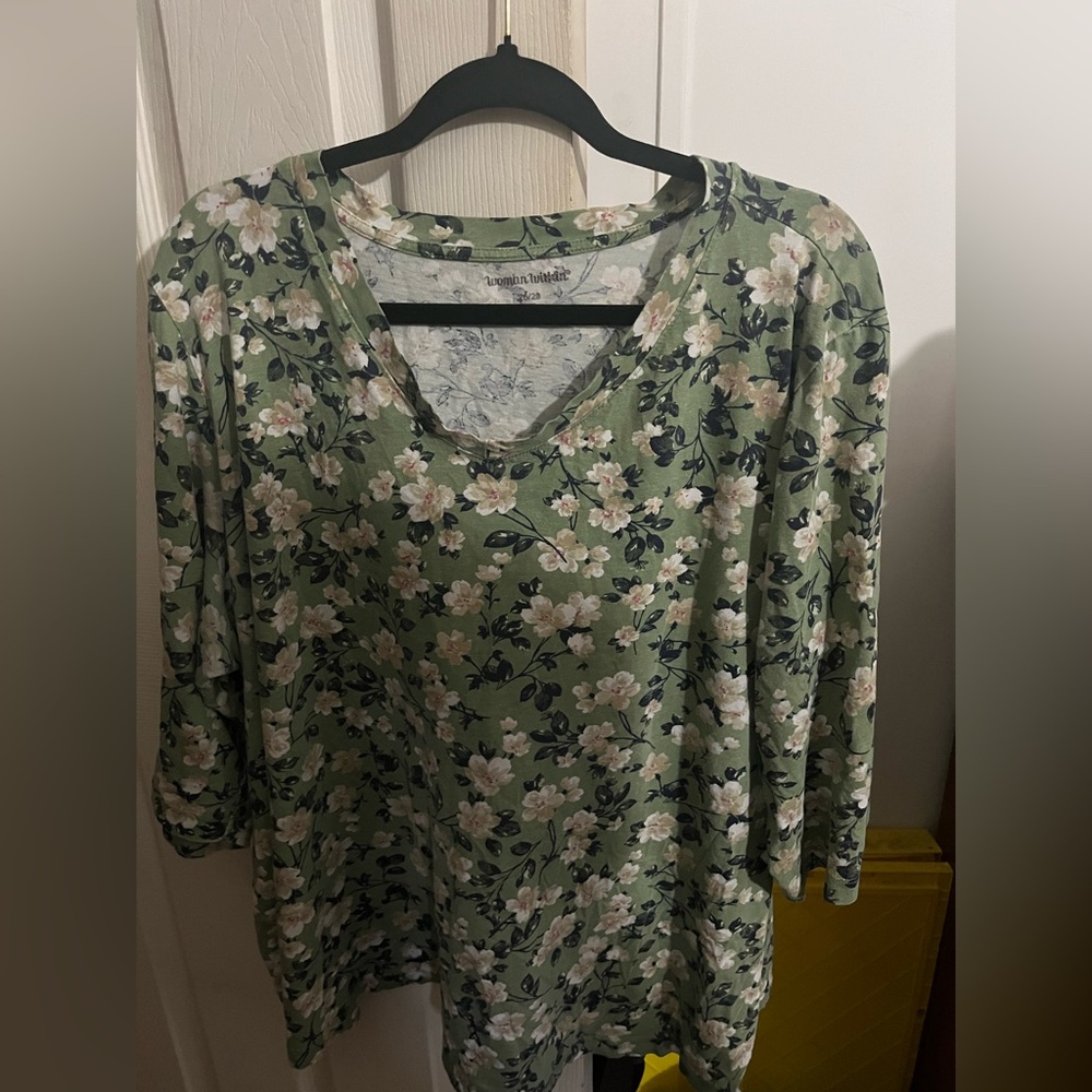 2X Woman Within Green Floral Blouse